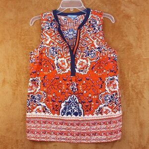 FLEUR BLEUE Womens Top Small Red Floral Pullover Sleeveless Tank Abstract Blouse